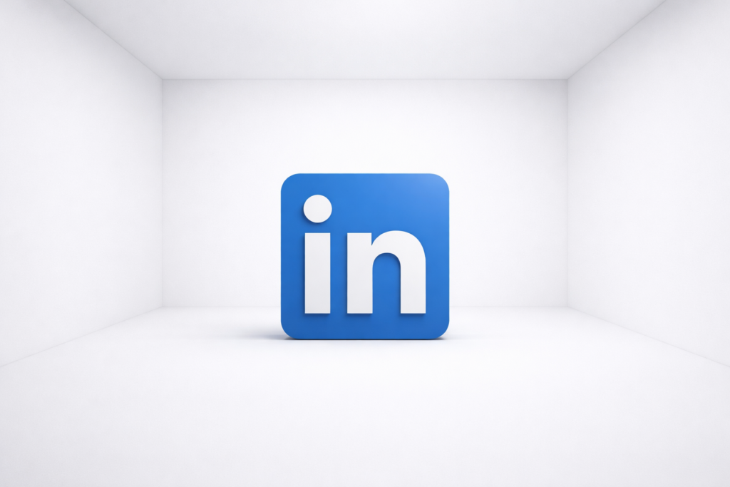 icône linkedin bleue en relief dans une pièce blanche minimaliste.