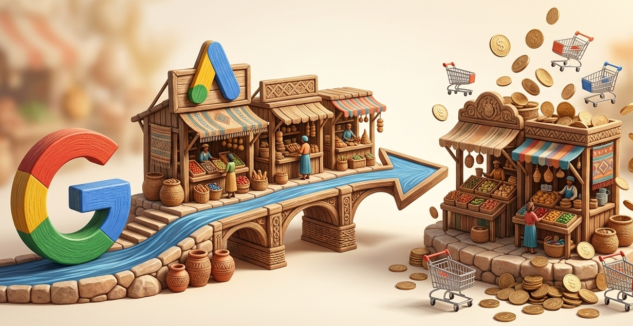 illustration 3d montrant google reliant des boutiques au commerce en ligne.