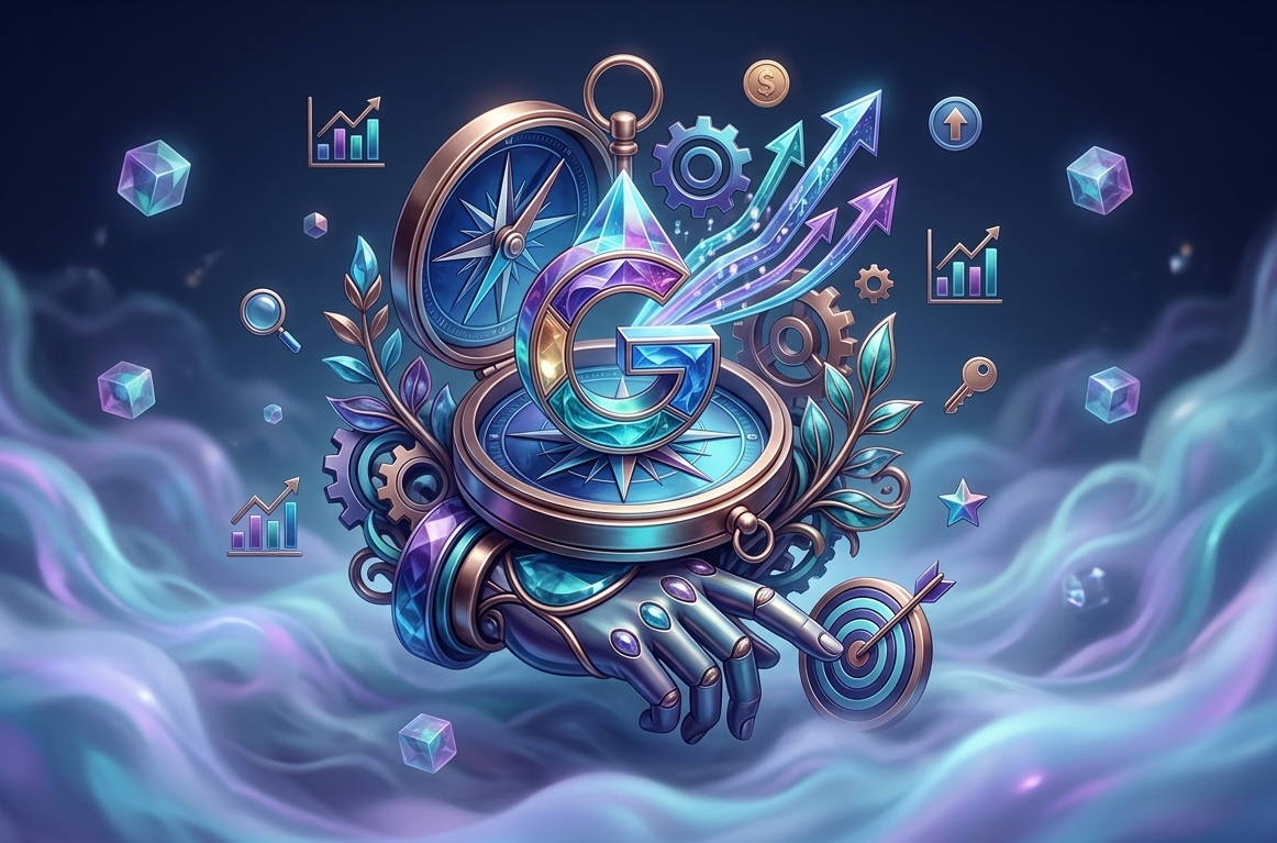 illustration conceptuelle google ads avec boussole, flèches de croissance et cible.