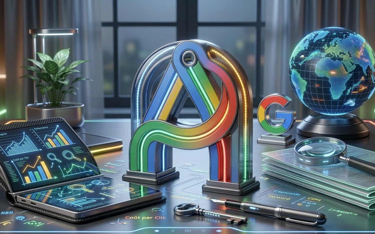 installation futuriste google ads avec graphiques et globe terrestre.