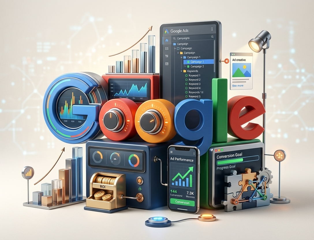 interface 3d de gestion et performance google ads.