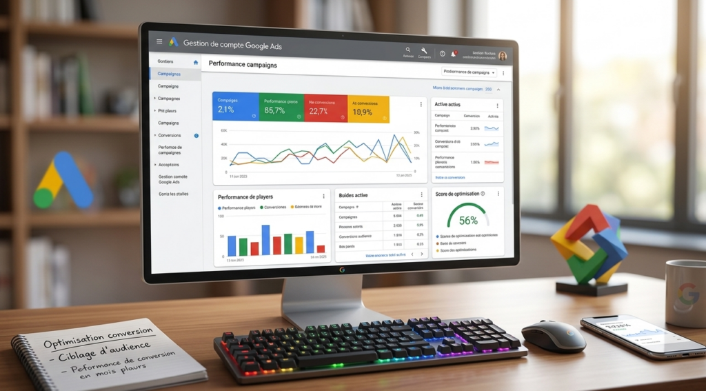 interface de gestion google ads sur bureau professionnel.