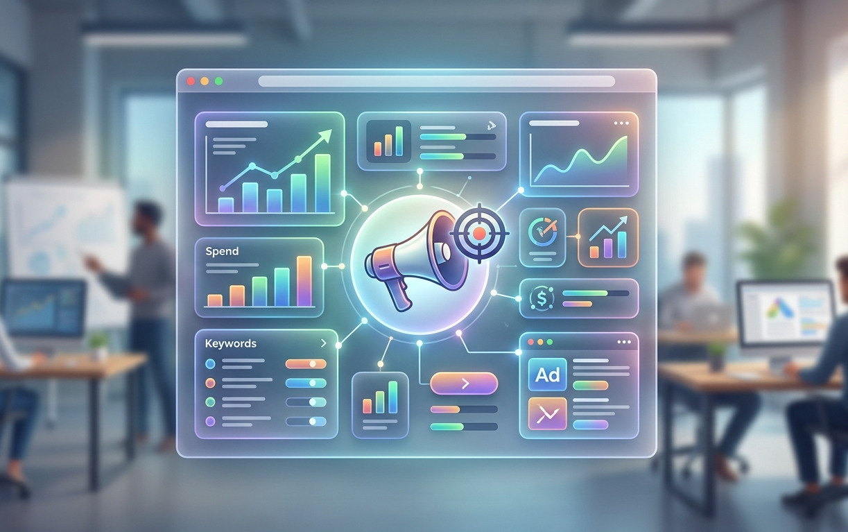 interface publicitaire futuriste avec analyses de données.