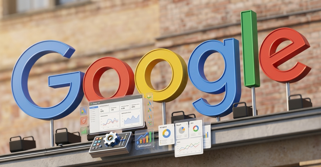 logo google 3d avec tableaux de bord analytiques.