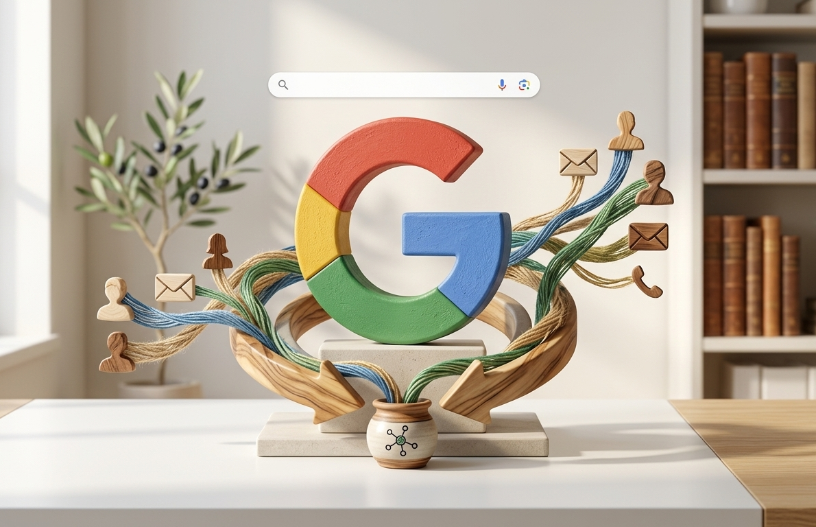 logo google 3d connectant divers canaux de communication digitale.