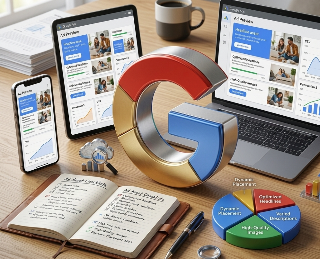 logo google 3d entouré d'écrans affichant des publicités optimisées.