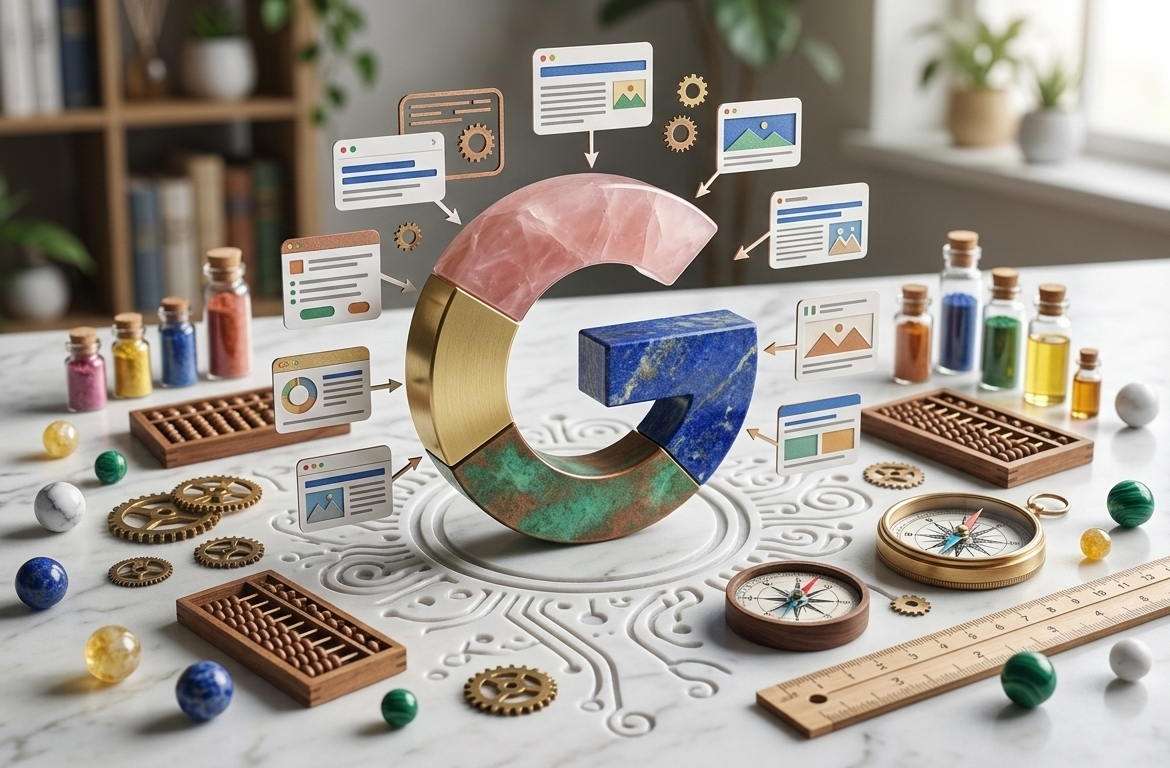 logo google 3d entouré d'outils d'analyse et de mesure.