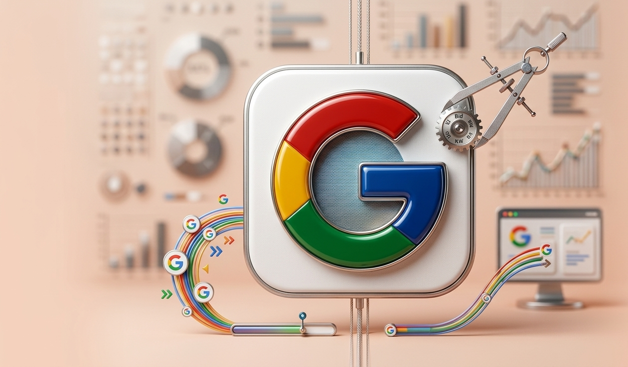 logo google 3d entouré d'outils de mesure et graphiques.