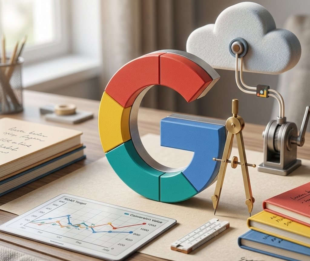 logo google 3d sur un bureau avec graphiques de conversion.