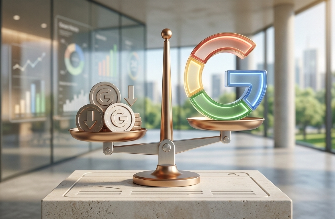 logo google 3d sur une balance face à des pièces.
