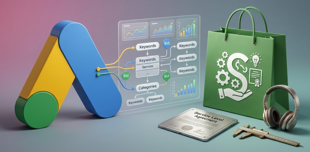 logo google ads connecté à des stratégies de mots clés.