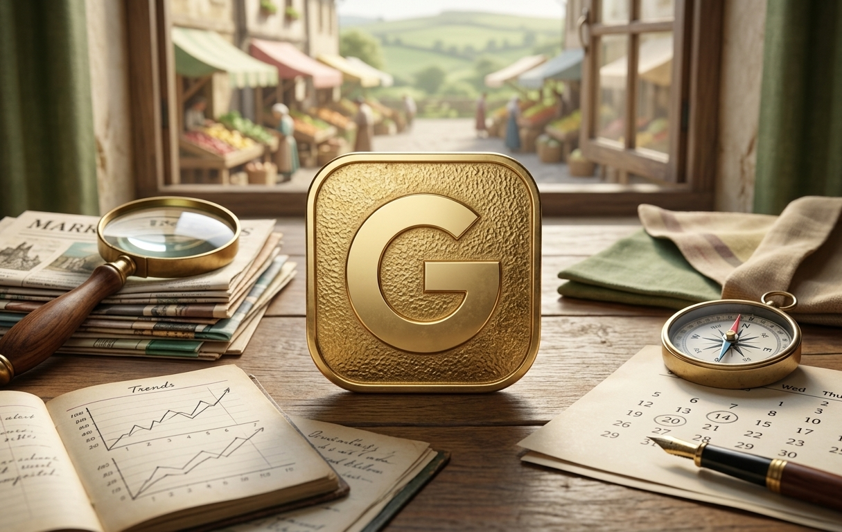 logo google doré sur bureau avec outils d'analyse.