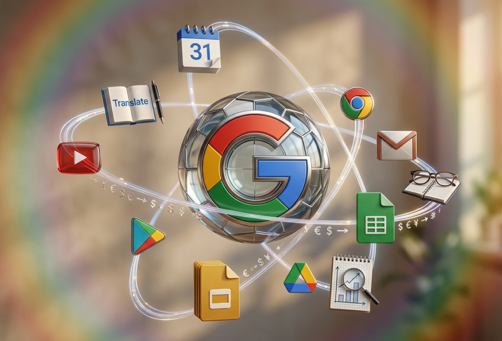 logo google entouré d'icônes d'applications en orbite.