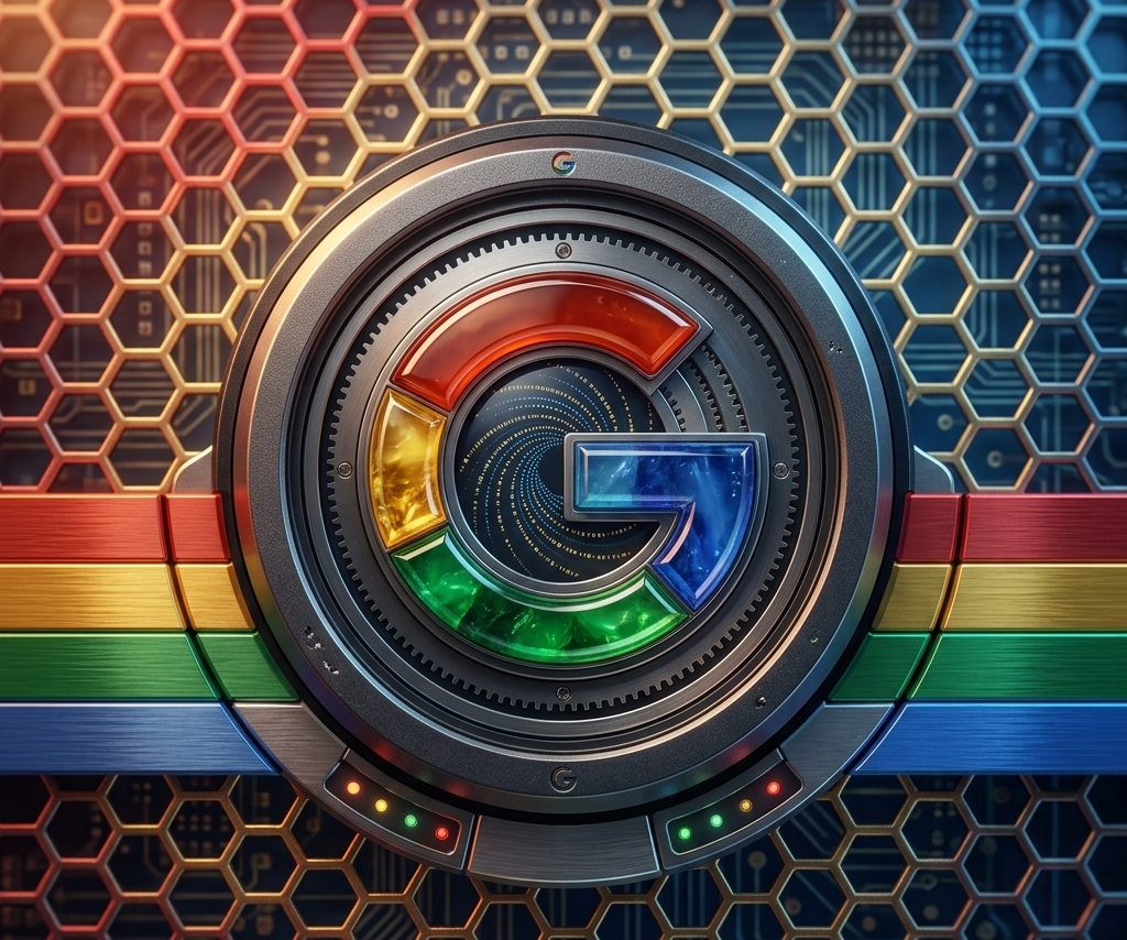 logo google futuriste intégré dans une interface technologique.