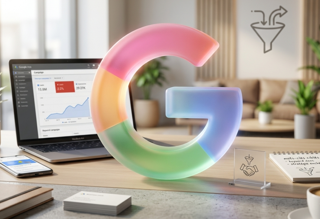 logo google lumineux sur bureau avec métriques de performance.