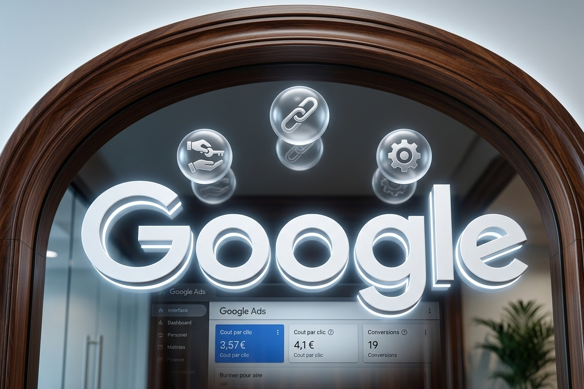 logo google lumineux survolant une interface google ads.