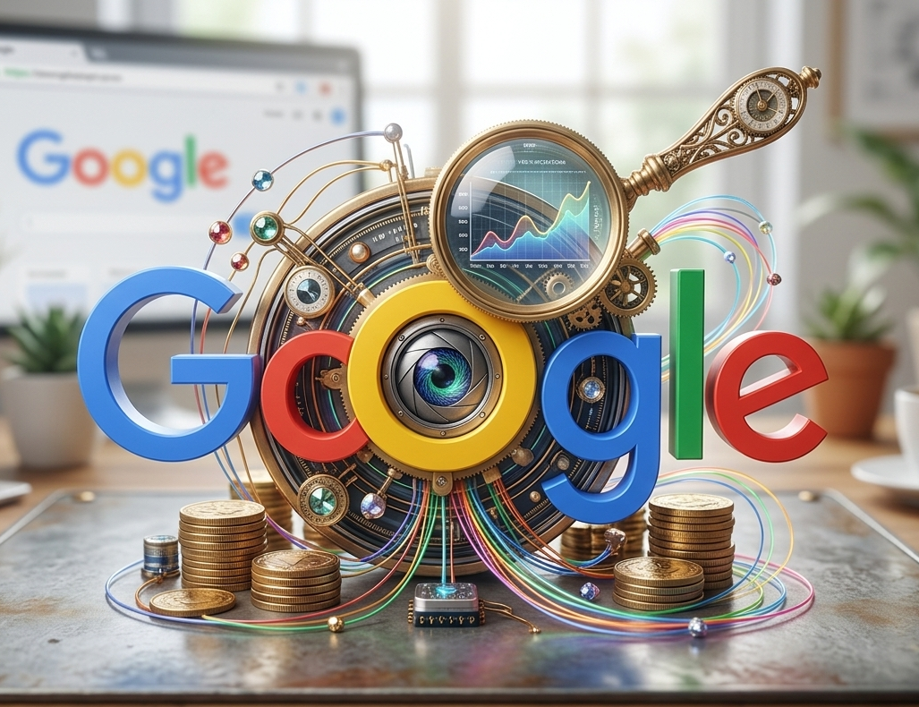 logo google stylisé façon steampunk avec loupe, rouages et pièces.