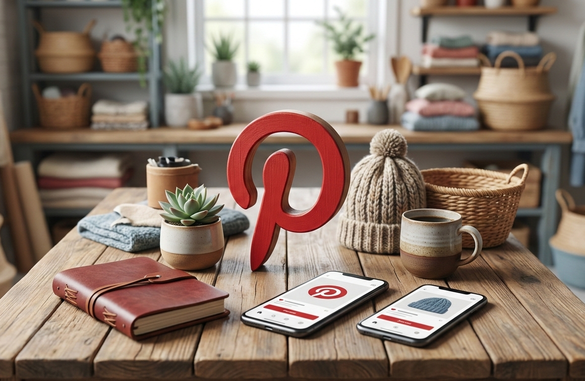 logo pinterest sculpté entouré de produits artisanaux et smartphones.
