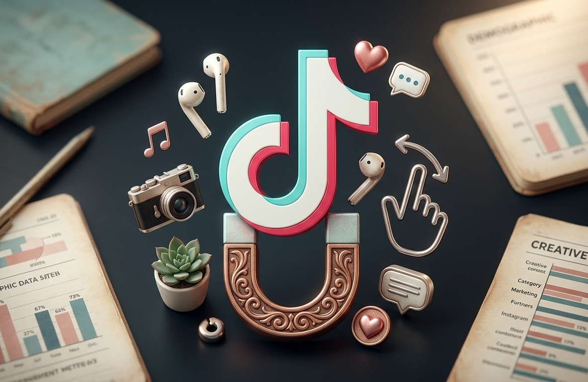 logo tiktok aimanté attirant des éléments de création de contenu.