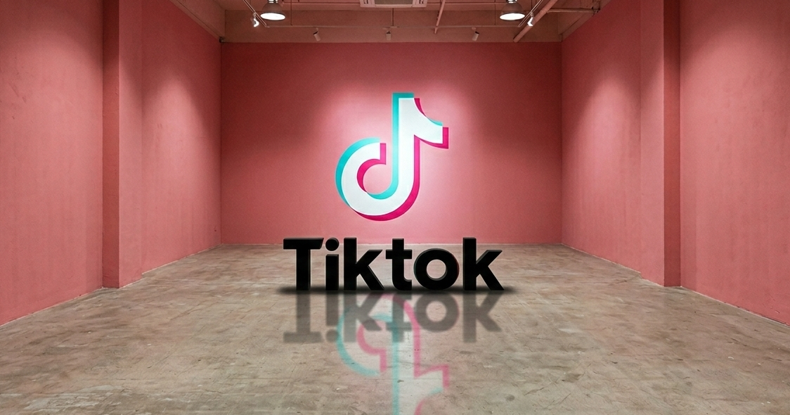 logo tiktok en 3d dans une pièce rose vide.