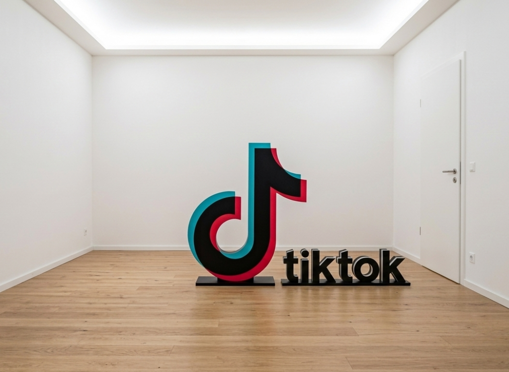 logo tiktok et texte 3d dans une pièce blanche.