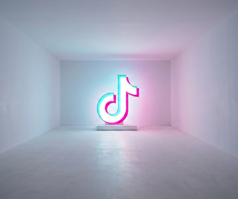 logo tiktok néon lumineux dans une grande pièce blanche vide.