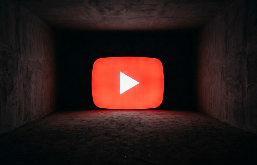 logo youtube lumineux projeté dans une pièce sombre et bétonnée.