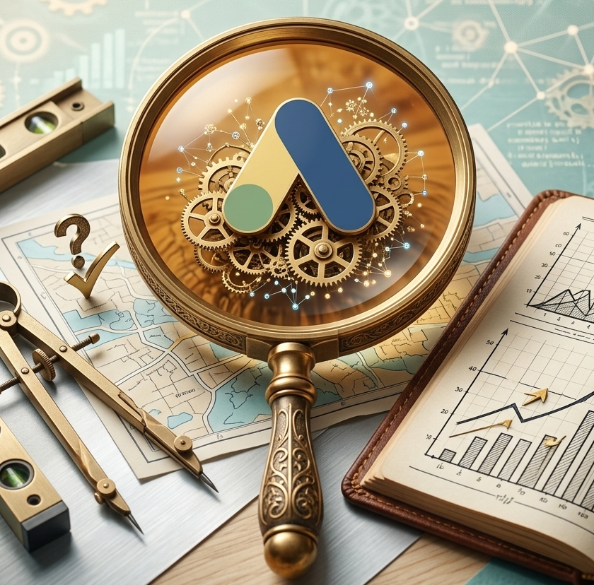 loupe analysant le logo google ads et engrenages.