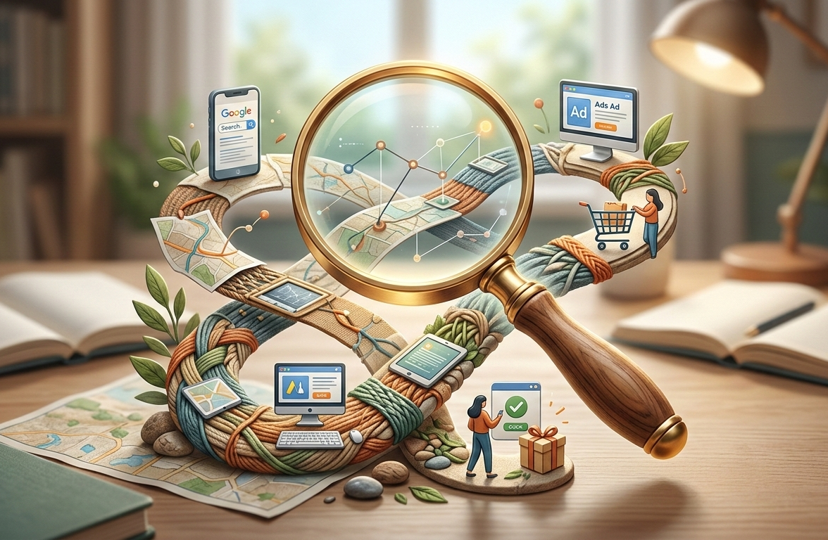 loupe analysant le parcours client complexe sur google ads.