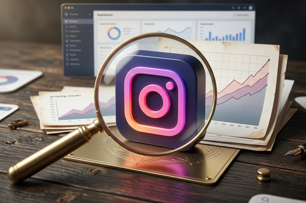 loupe examinant un logo instagram entouré de graphiques financiers.