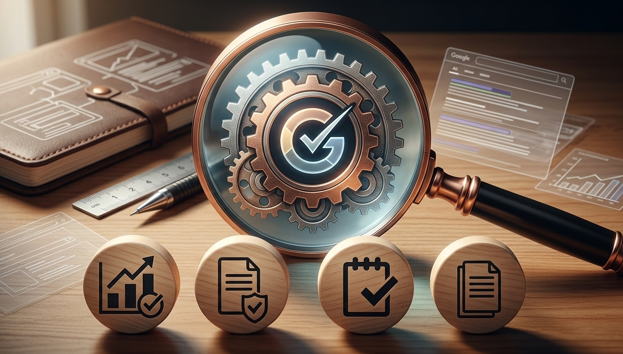 loupe zoomant sur un engrenage de vérification.