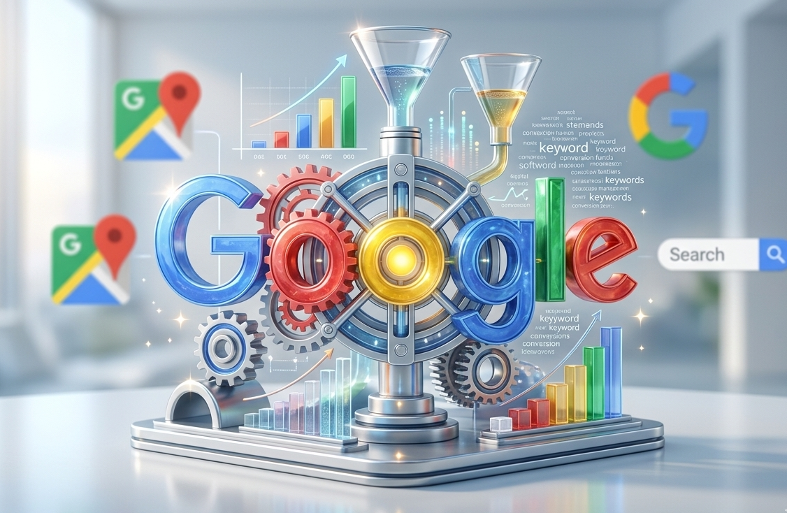 machine complexe google illustrant la conversion et seo.