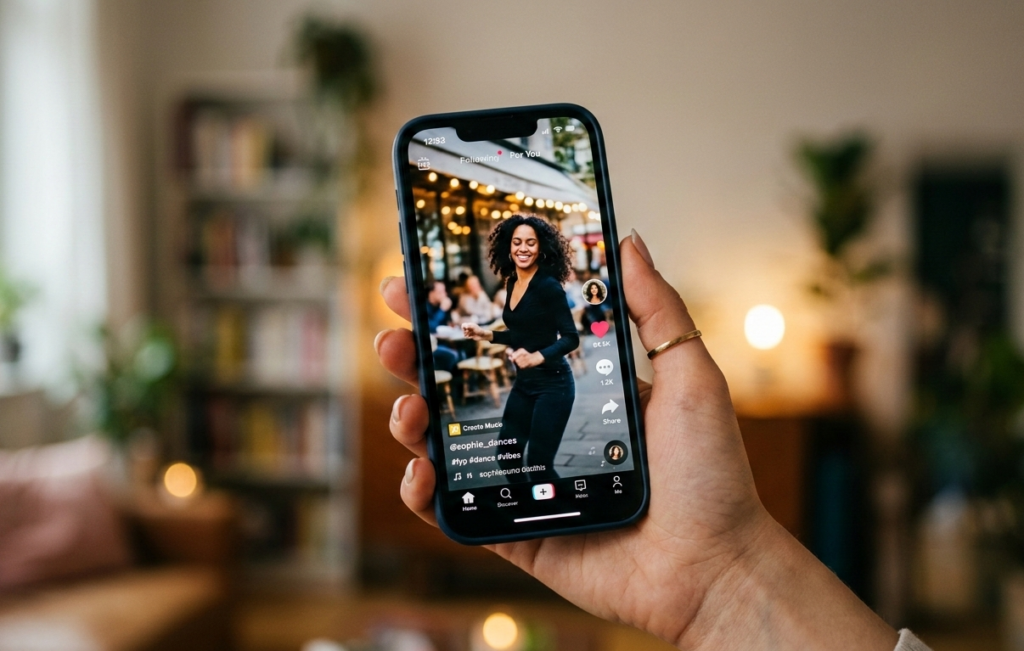main tenant un smartphone affichant une vidéo tiktok.