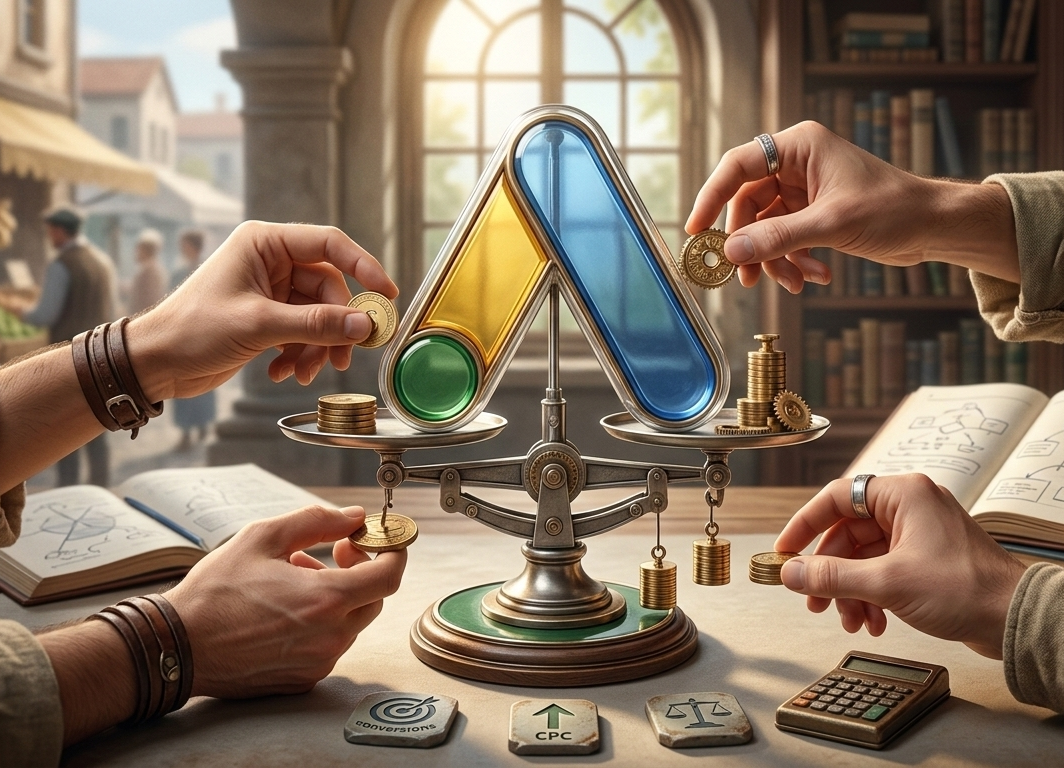 mains ajustant des pièces sur une balance google ads.