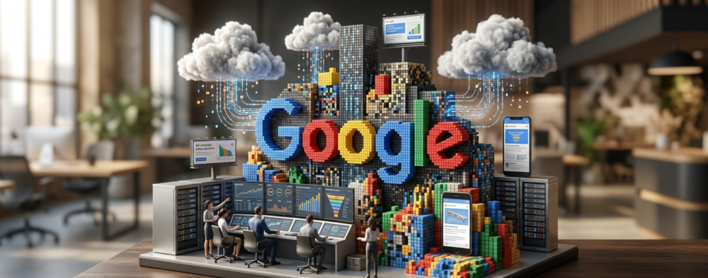 maquette 3d google ads gérée par une équipe.