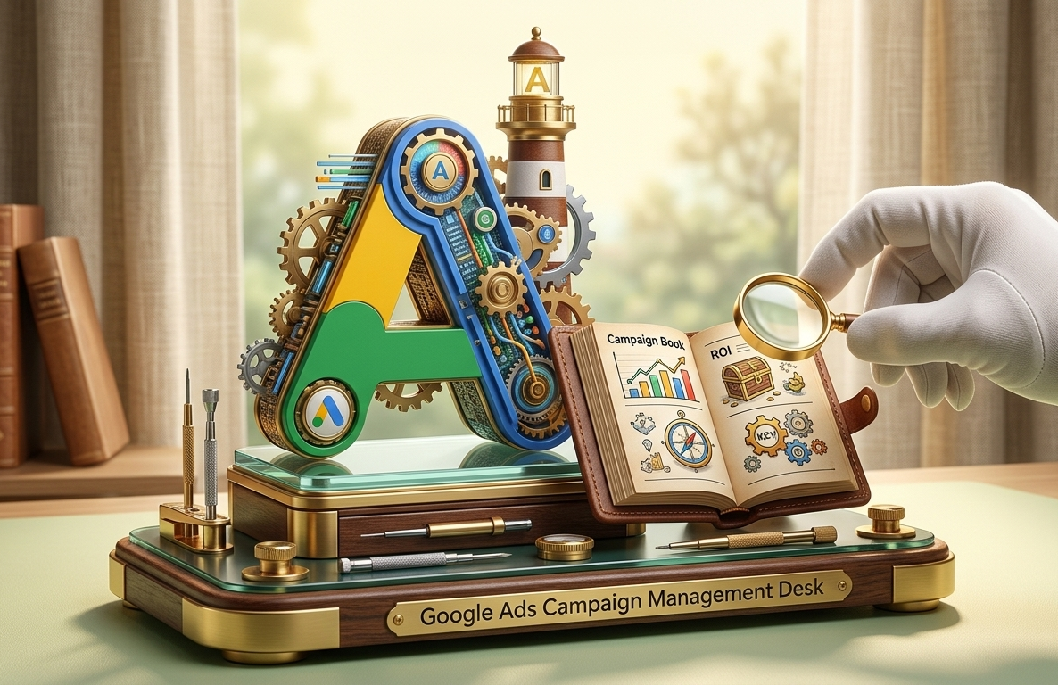 maquette vintage complexe d'un bureau de gestion google ads.
