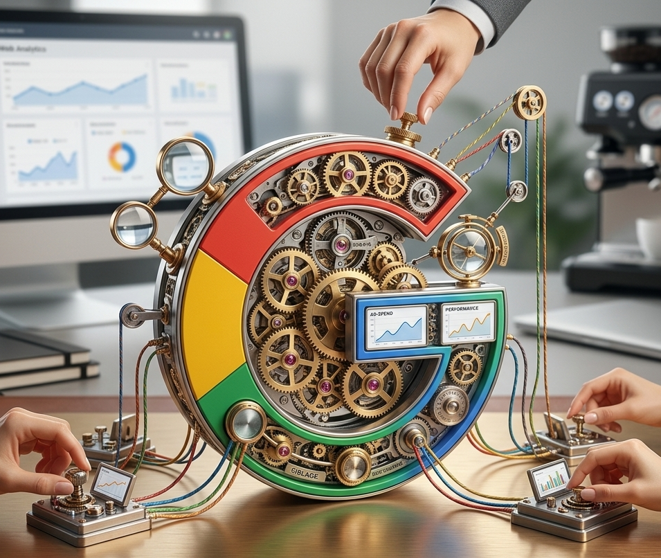 mécanisme google complexe manipulé par plusieurs mains.