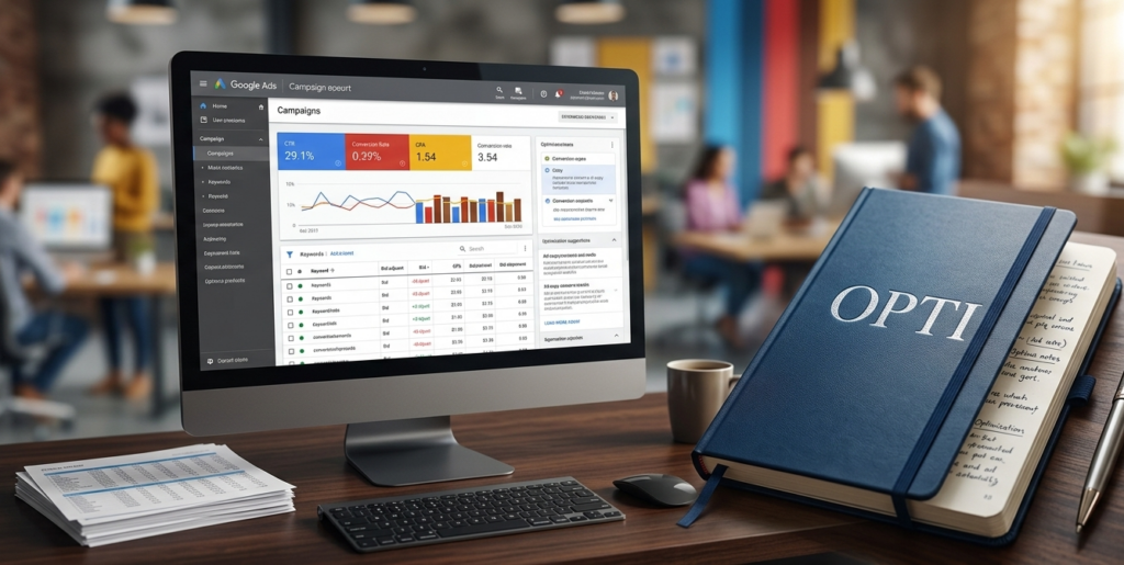 optimisation de campagnes google ads sur un écran d'ordinateur.