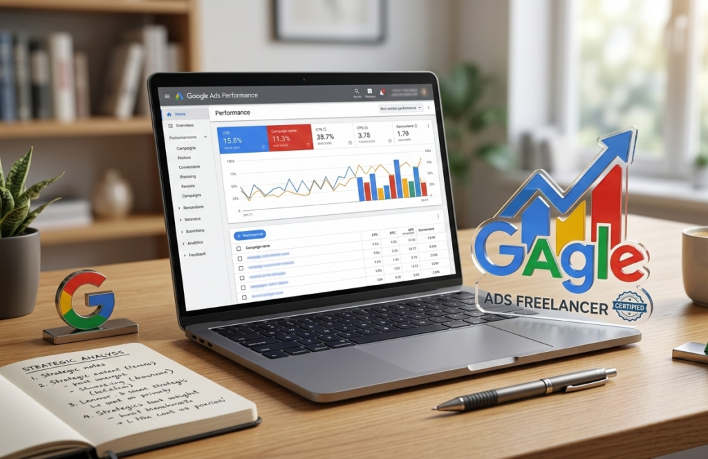 ordinateur affichant des performances google ads et trophée de freelance.