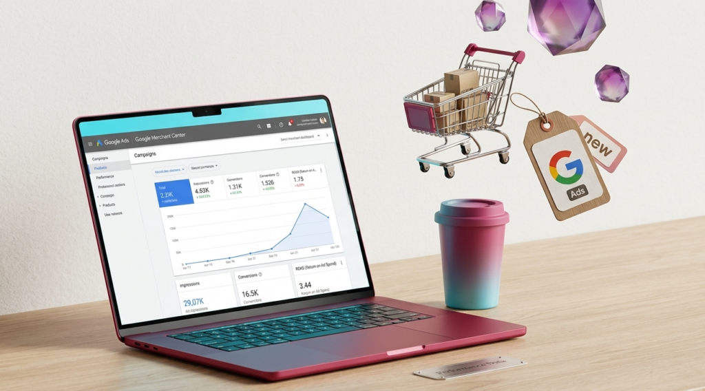 ordinateur affichant google ads à côté d'un panier volant.