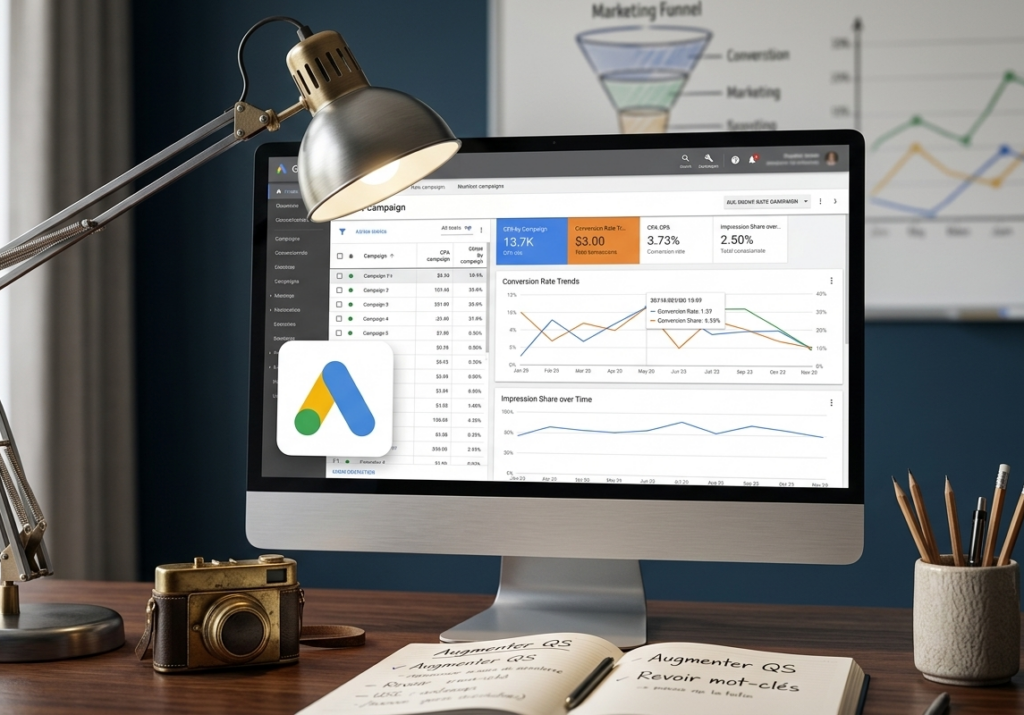 ordinateur affichant un tableau de bord google ads.