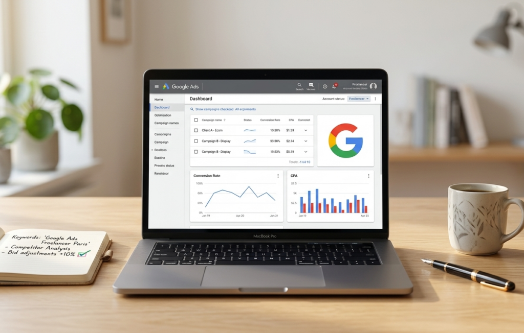 ordinateur affichant un tableau de bord google ads optimisé.
