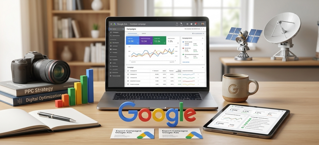 ordinateur affichant un tableau de bord google ads sur bureau.