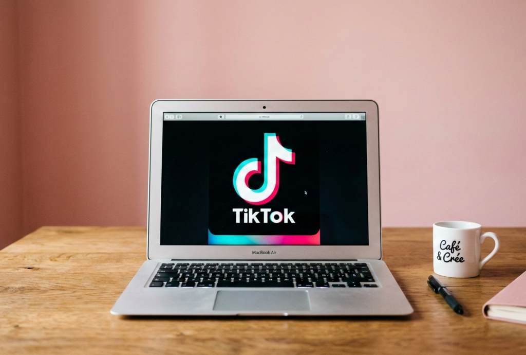 ordinateur portable affichant le logo tiktok sur un bureau en bois.