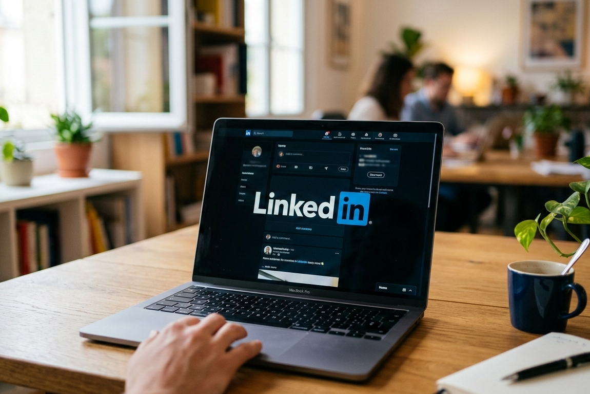 ordinateur portable affichant linkedin sur un bureau en bois.