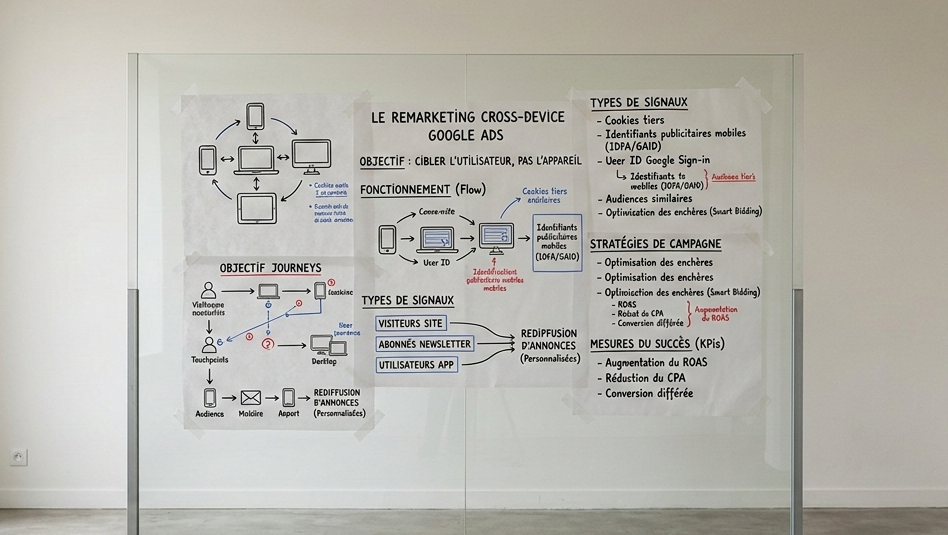 panneau de verre affichant des schémas de remarketing google ads.