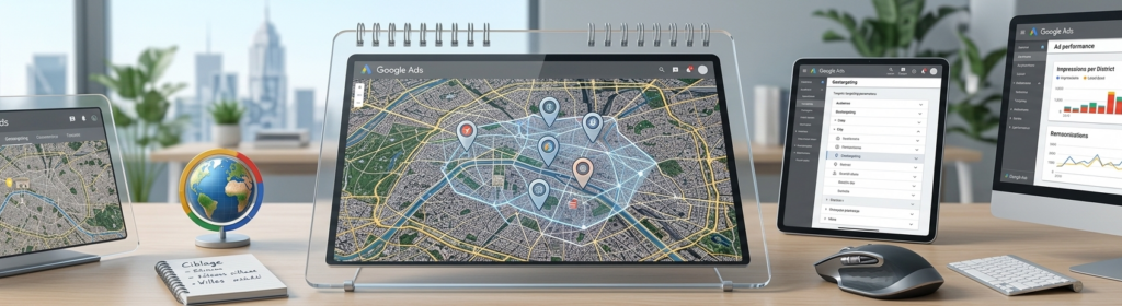 plusieurs écrans affichant des cartes et statistiques de ciblage publicitaire.
