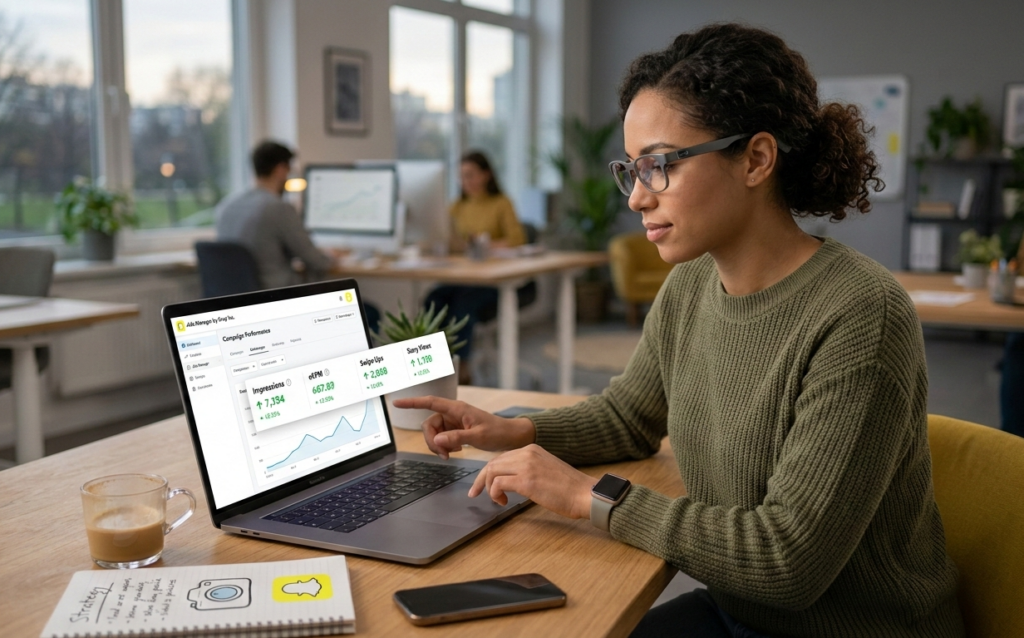 professionnelle analysant des performances publicitaires snapchat sur un ordinateur.