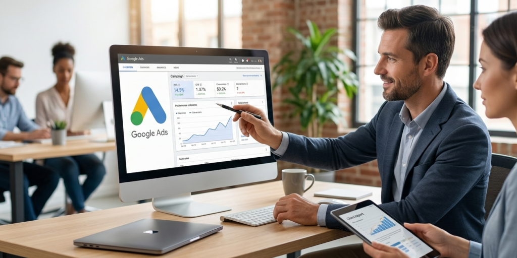 professionnels analysant des performances sur google ads.