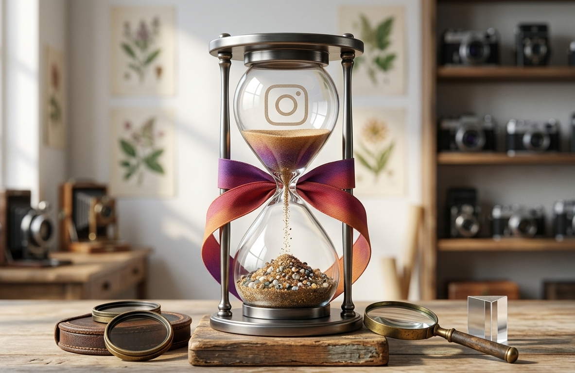 sablier instagram vintage sur bureau de photographe professionnel.